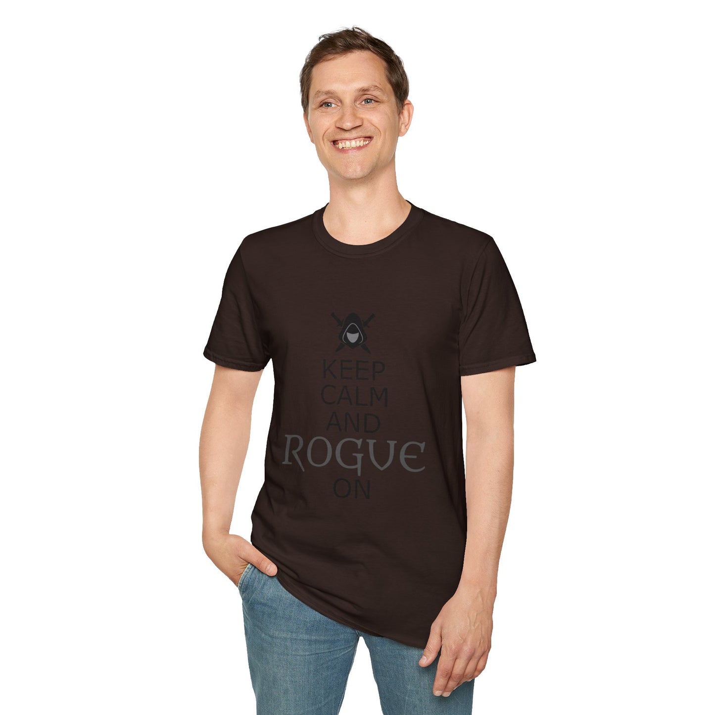 Keep Calm and Rogue On Unisex Softstyle T-Shirt, Gamer Shirt, Relaxed Tee, Casual Wear, Gift for Gamers, Fun Graphic Tee
