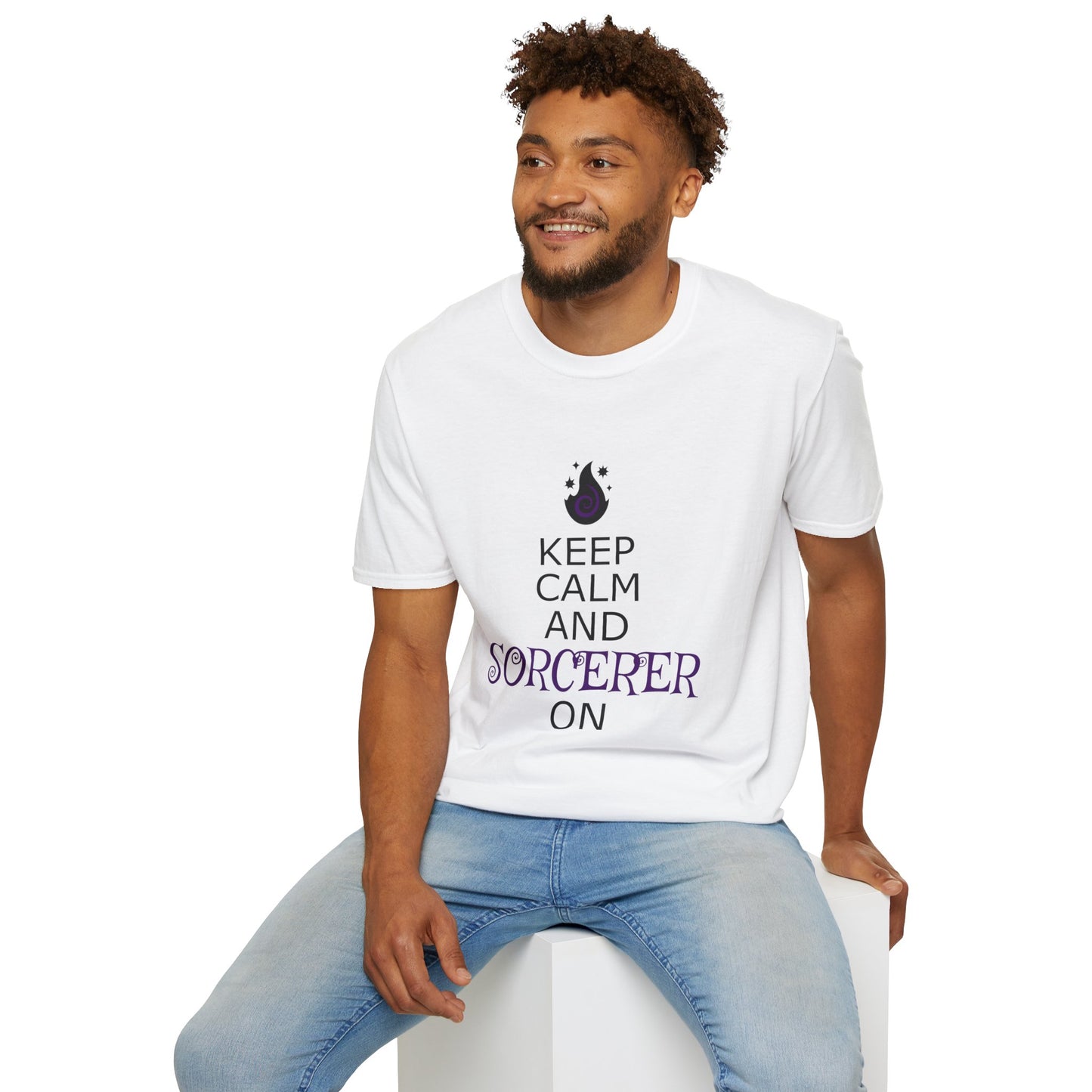 Keep Calm Sorcerer T-Shirt, Unisex Softstyle Tee, Magical Gift, Halloween Apparel, Witchy Vibes, Casual Wear