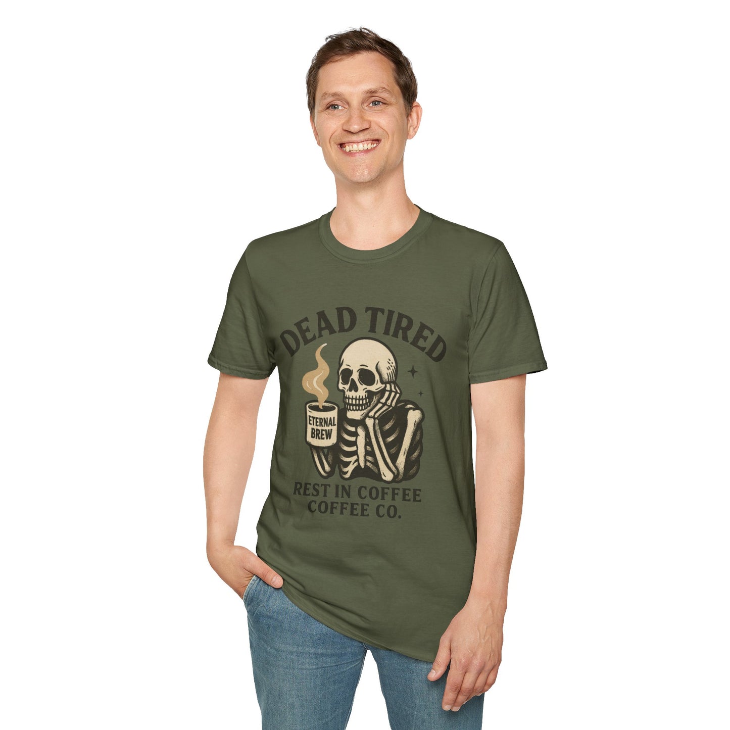 Dead Tired Skeleton Coffee T-Shirt, Unisex Graphic Tee, Cute Coffee Lover Gift, Halloween Apparel, Coffeelover Shirt