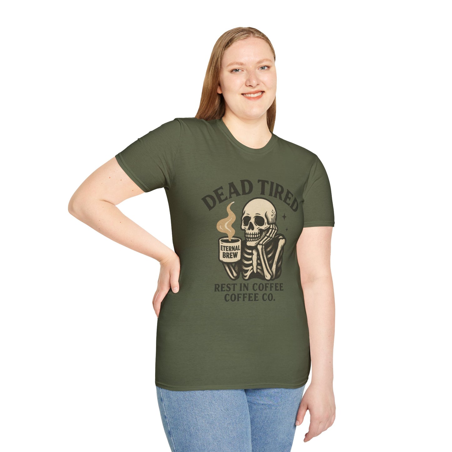Dead Tired Skeleton Coffee T-Shirt, Unisex Graphic Tee, Cute Coffee Lover Gift, Halloween Apparel, Coffeelover Shirt