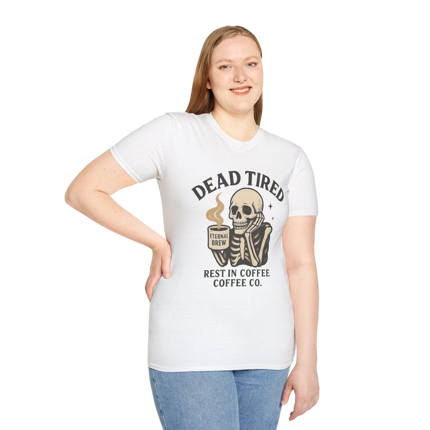 Dead Tired Skeleton Coffee T-Shirt, Unisex Graphic Tee, Cute Coffee Lover Gift, Halloween Apparel, Coffeelover Shirt