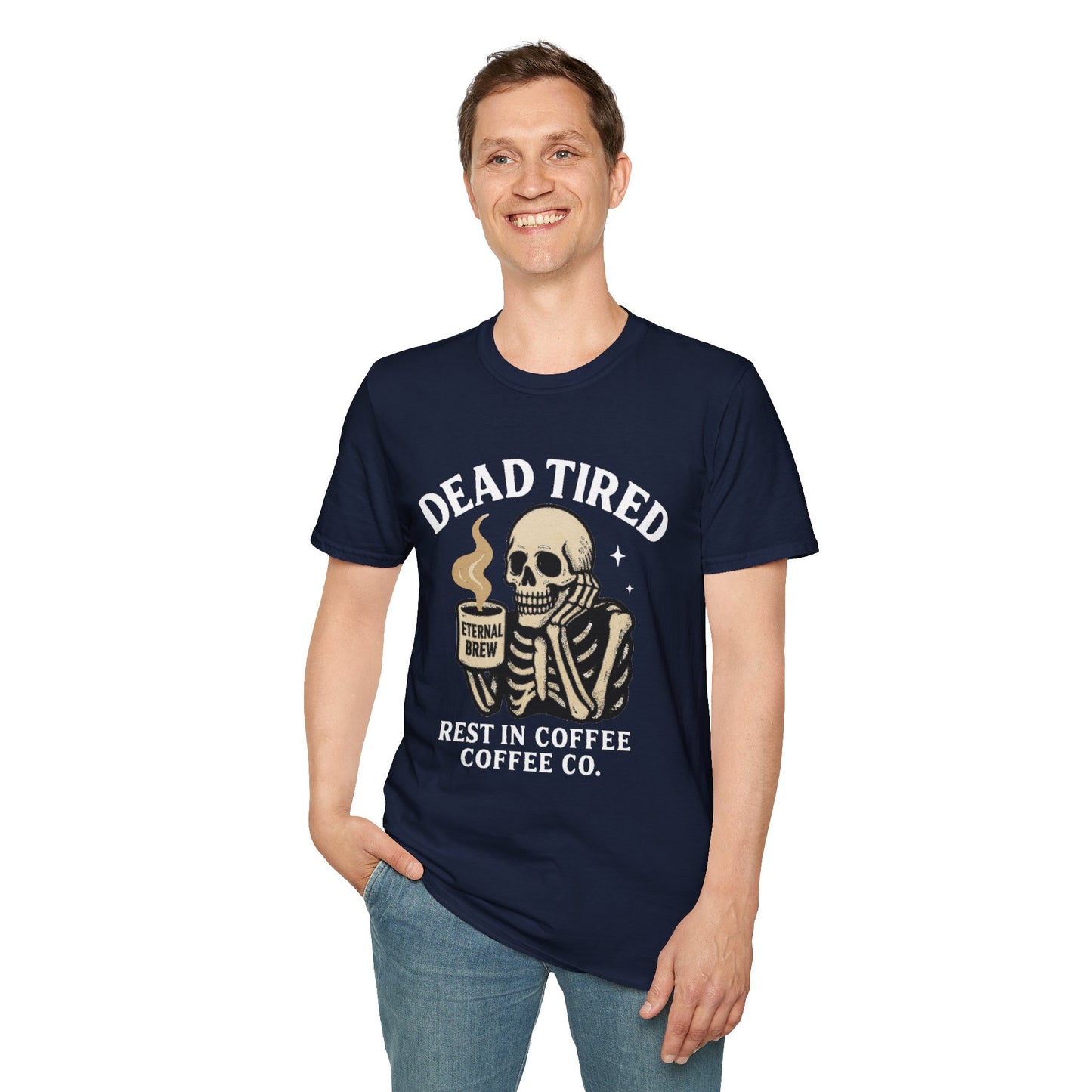 Dead Tired Skeleton Coffee T-Shirt, Unisex Graphic Tee, Cute Coffee Lover Gift, Halloween Apparel, Coffeelover Shirt