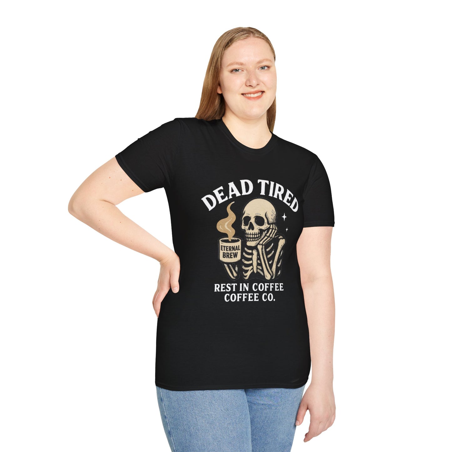 Dead Tired Skeleton Coffee T-Shirt, Unisex Graphic Tee, Cute Coffee Lover Gift, Halloween Apparel, Coffeelover Shirt