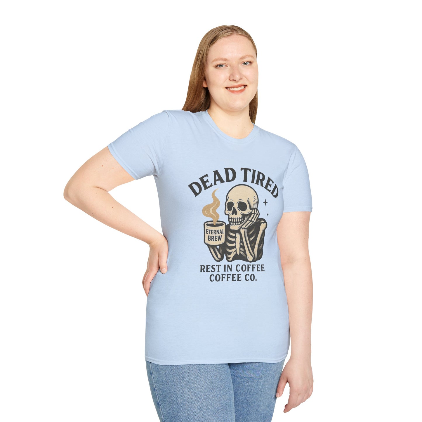 Dead Tired Skeleton Coffee T-Shirt, Unisex Graphic Tee, Cute Coffee Lover Gift, Halloween Apparel, Coffeelover Shirt