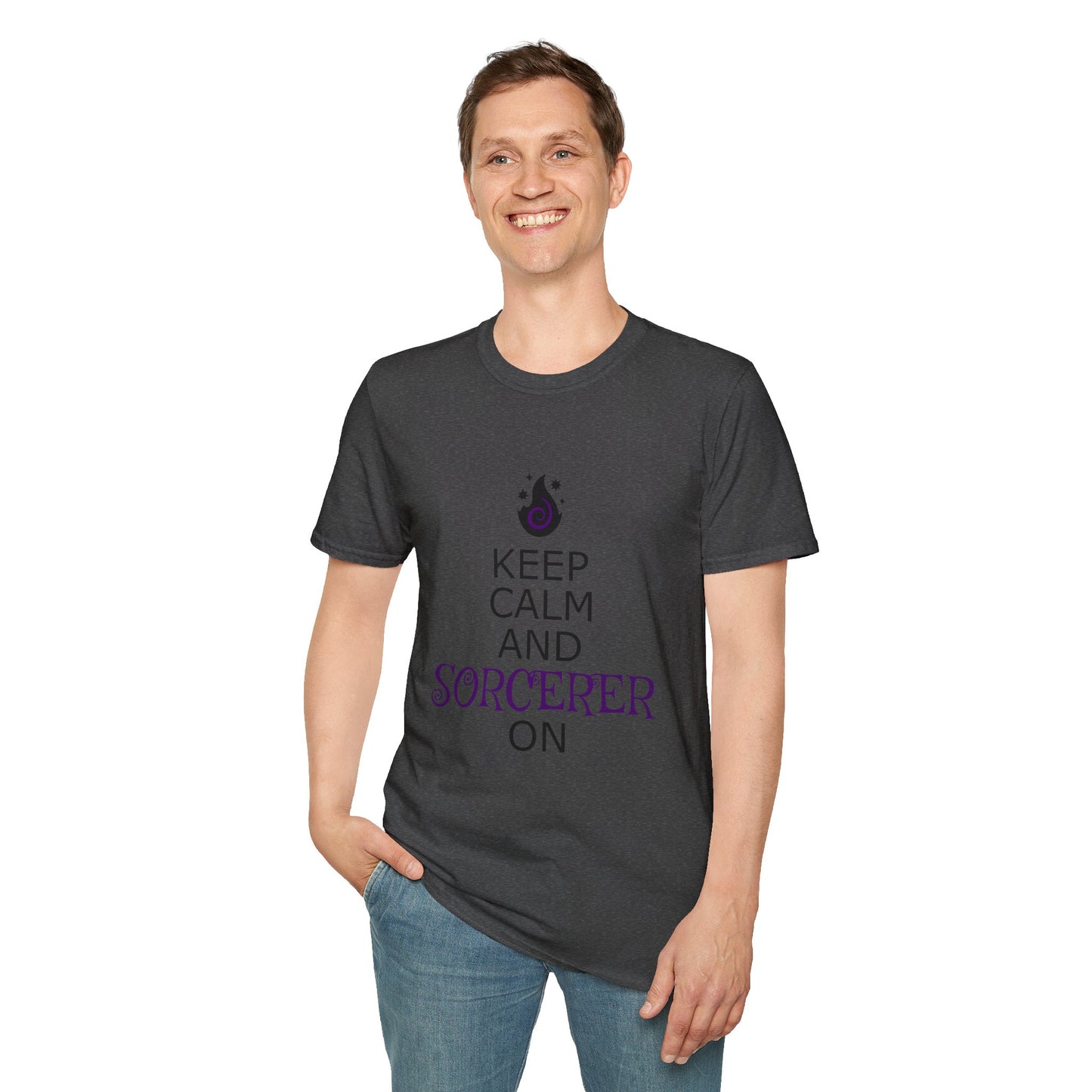 Keep Calm Sorcerer T-Shirt, Unisex Softstyle Tee, Magical Gift, Halloween Apparel, Witchy Vibes, Casual Wear