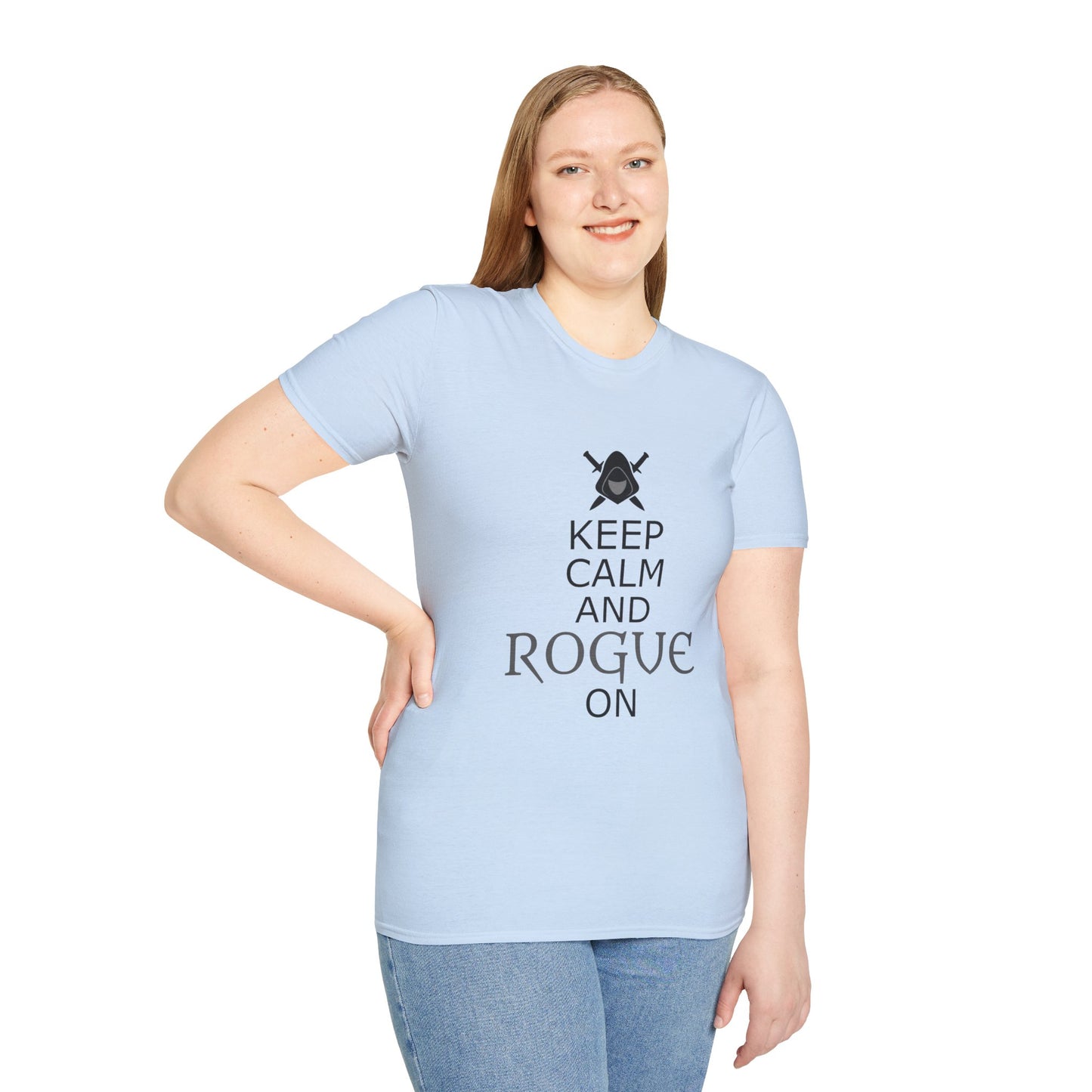 Keep Calm and Rogue On Unisex Softstyle T-Shirt, Gamer Shirt, Relaxed Tee, Casual Wear, Gift for Gamers, Fun Graphic Tee