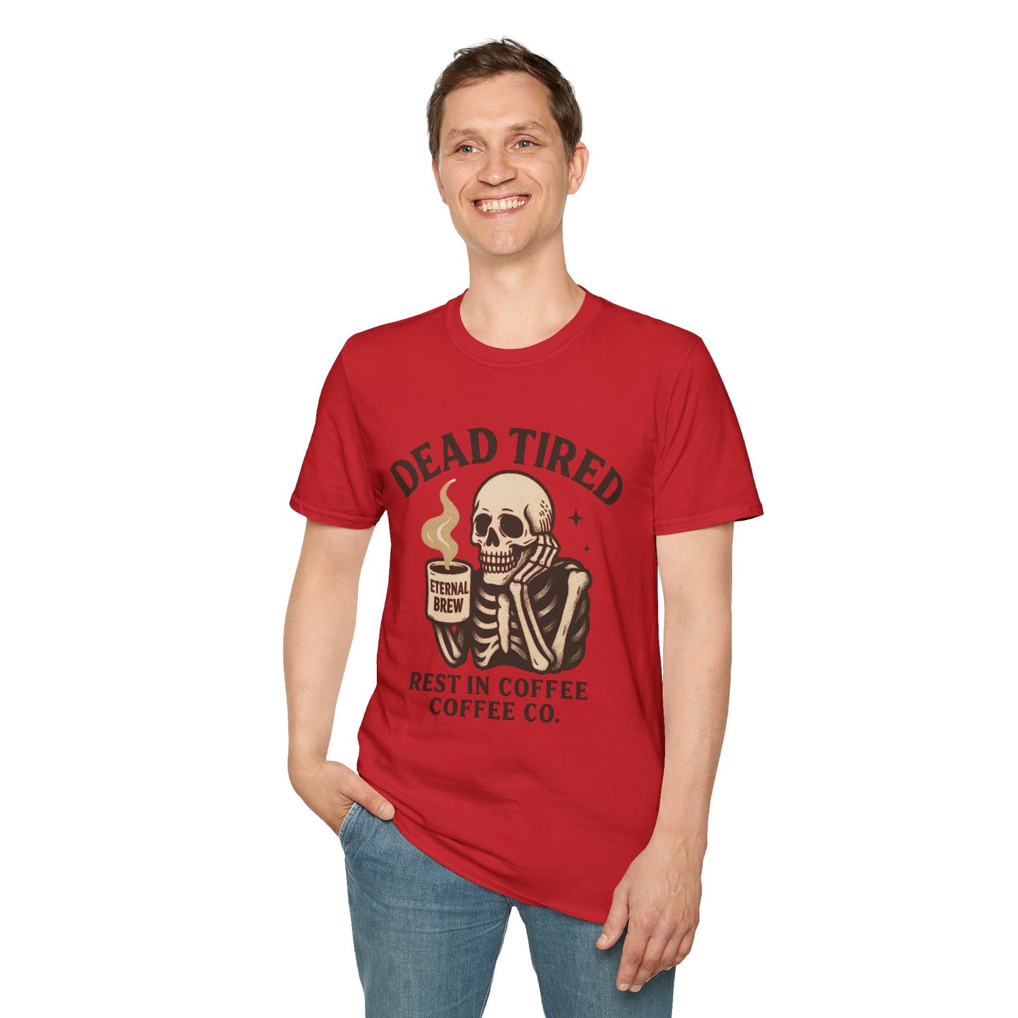 Dead Tired Skeleton Coffee T-Shirt, Unisex Graphic Tee, Cute Coffee Lover Gift, Halloween Apparel, Coffeelover Shirt