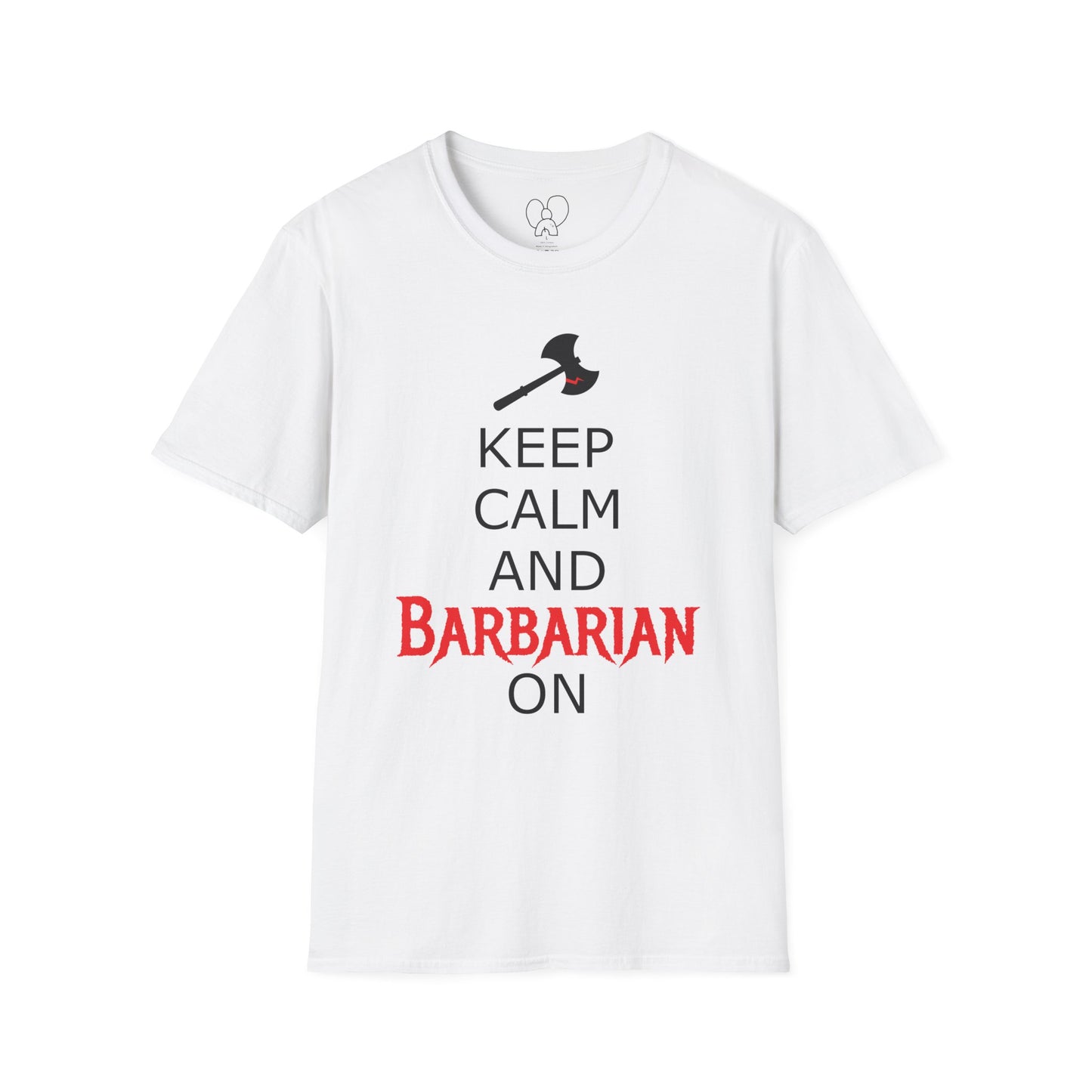 Keep Calm and Barbarian On Unisex Softstyle T-Shirt, Funny Graphic Tee, Gift for Comic Fans, Casual Wear, Great for Parties, Birthday Gift