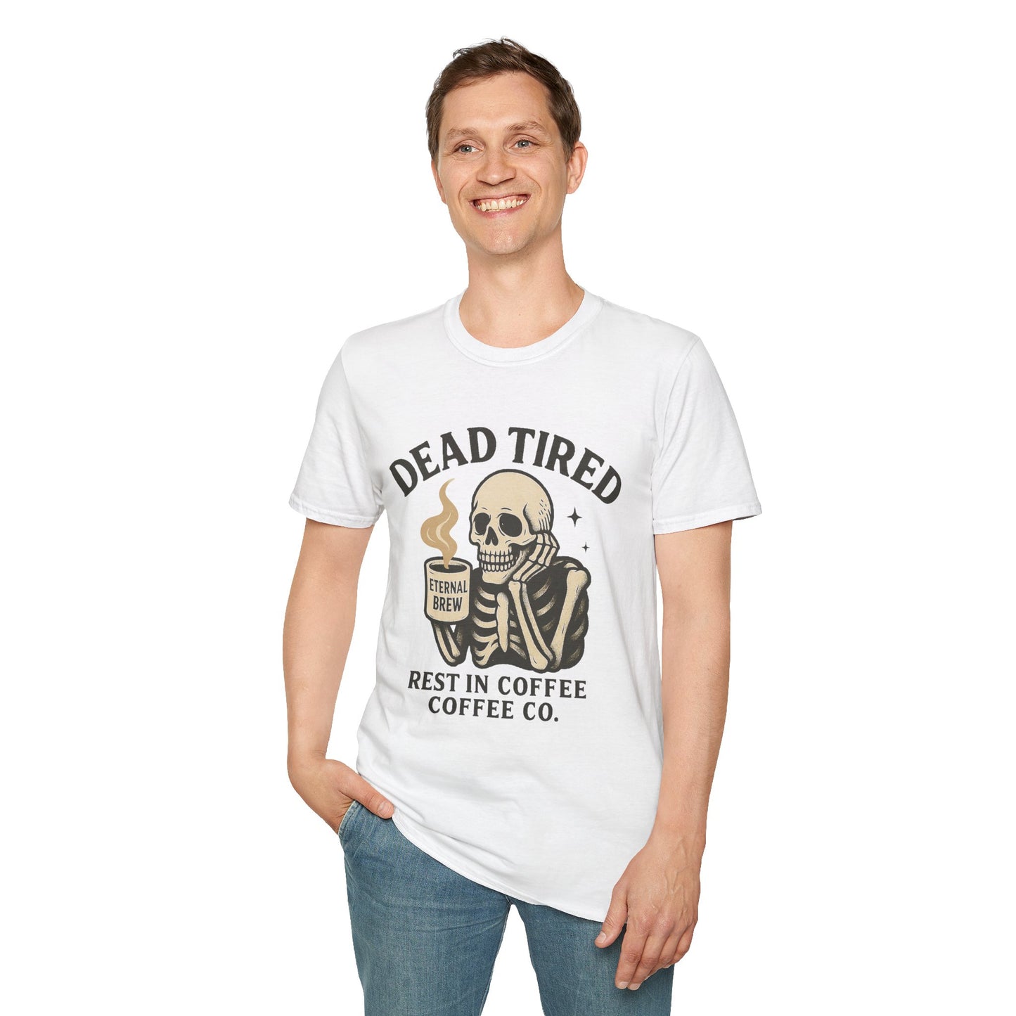 Dead Tired Skeleton Coffee T-Shirt, Unisex Graphic Tee, Cute Coffee Lover Gift, Halloween Apparel, Coffeelover Shirt