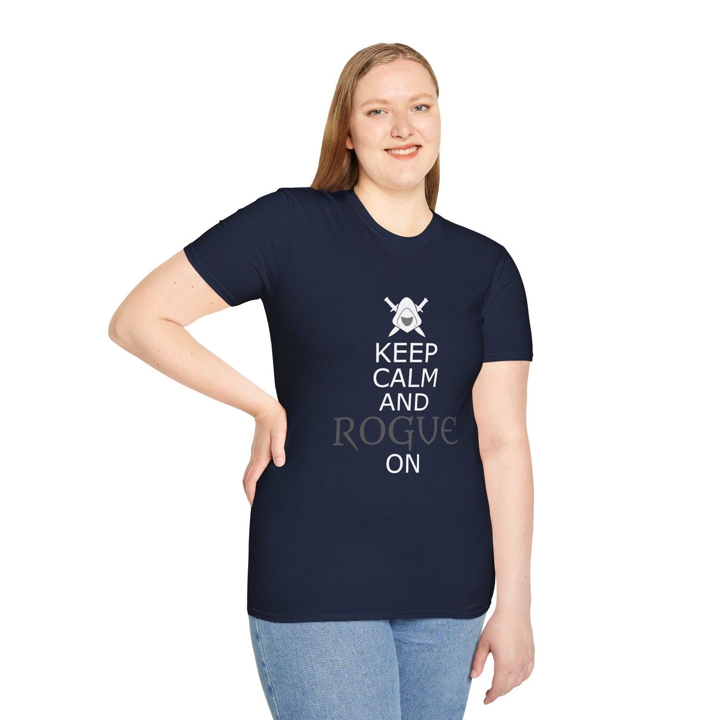 Keep Calm and Rogue On Unisex Softstyle T-Shirt, Gamer Shirt, Relaxed Tee, Casual Wear, Gift for Gamers, Fun Graphic Tee
