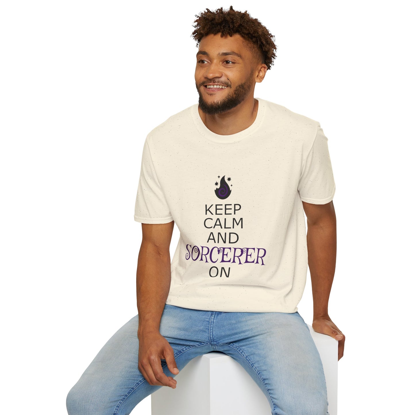 Keep Calm Sorcerer T-Shirt, Unisex Softstyle Tee, Magical Gift, Halloween Apparel, Witchy Vibes, Casual Wear