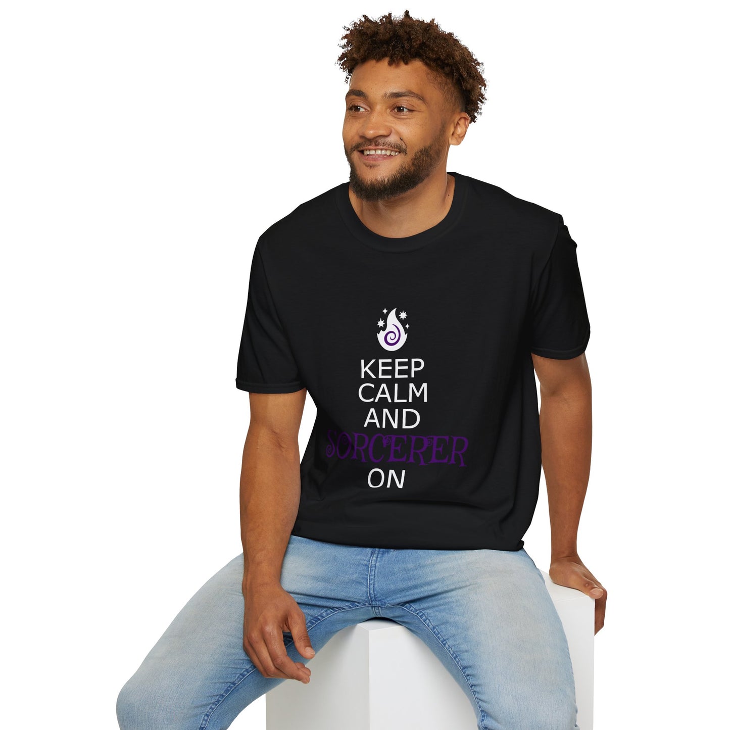 Keep Calm Sorcerer T-Shirt, Unisex Softstyle Tee, Magical Gift, Halloween Apparel, Witchy Vibes, Casual Wear