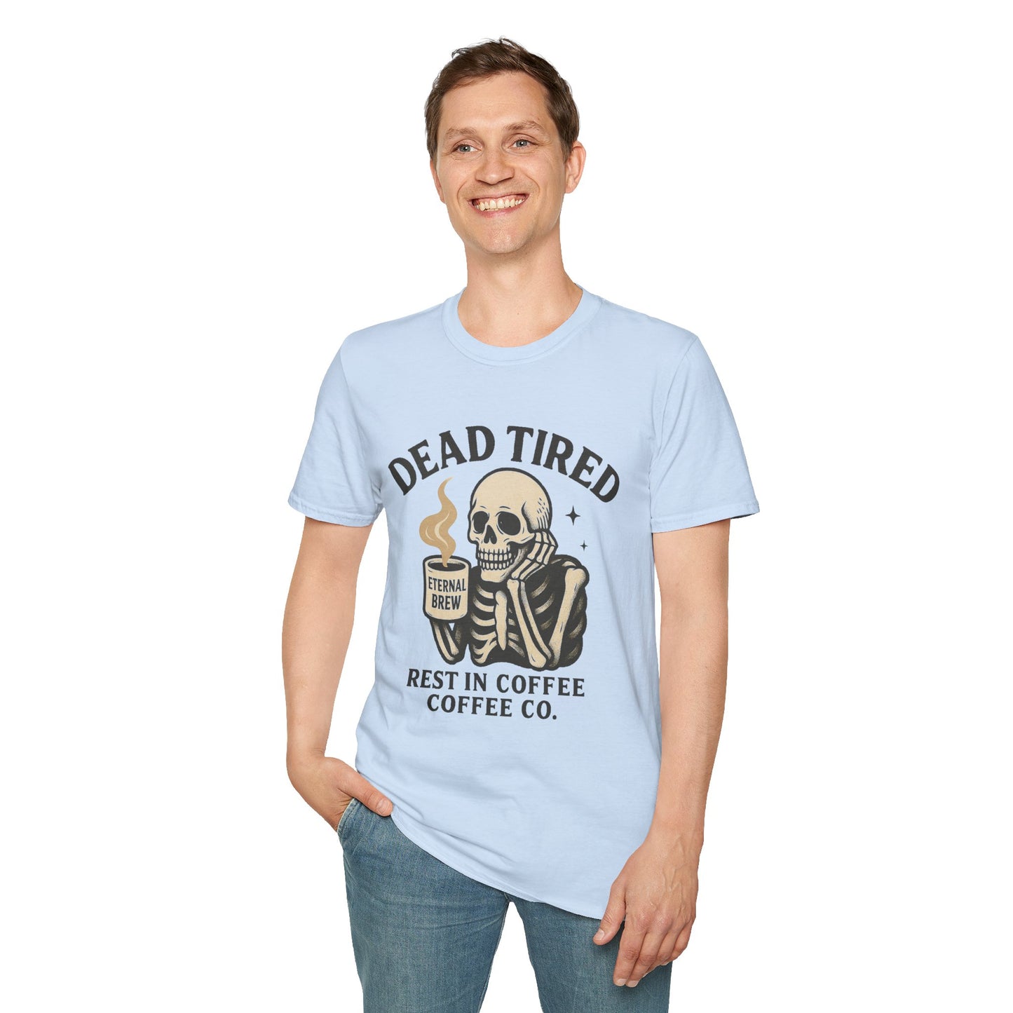 Dead Tired Skeleton Coffee T-Shirt, Unisex Graphic Tee, Cute Coffee Lover Gift, Halloween Apparel, Coffeelover Shirt