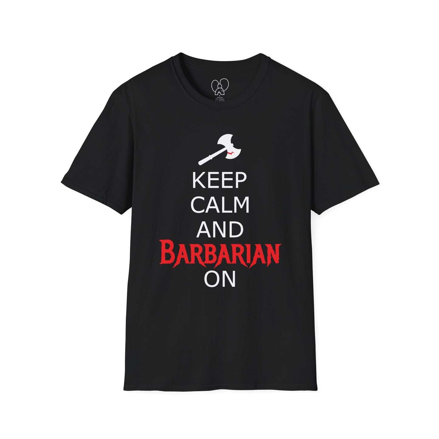 Keep Calm and Barbarian On Unisex Softstyle T-Shirt, Funny Graphic Tee, Gift for Comic Fans, Casual Wear, Great for Parties, Birthday Gift
