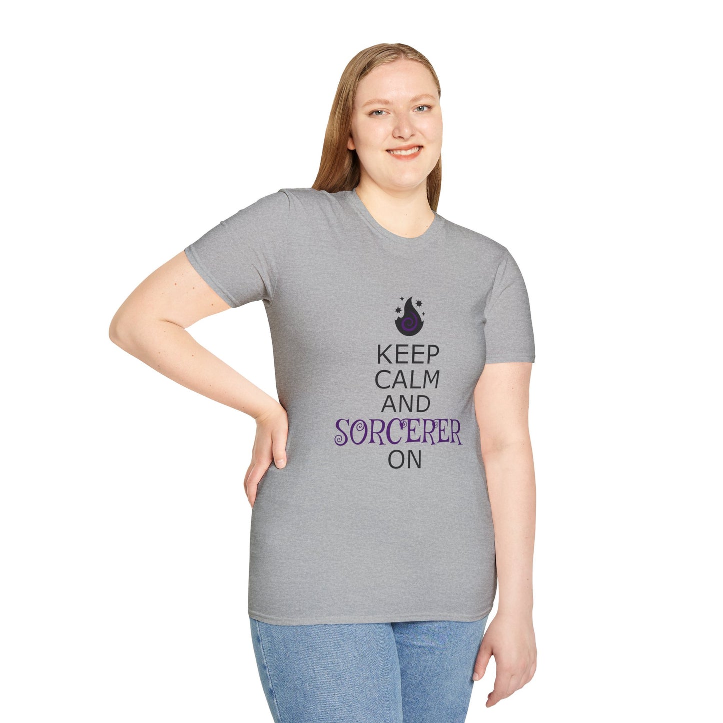 Keep Calm Sorcerer T-Shirt, Unisex Softstyle Tee, Magical Gift, Halloween Apparel, Witchy Vibes, Casual Wear