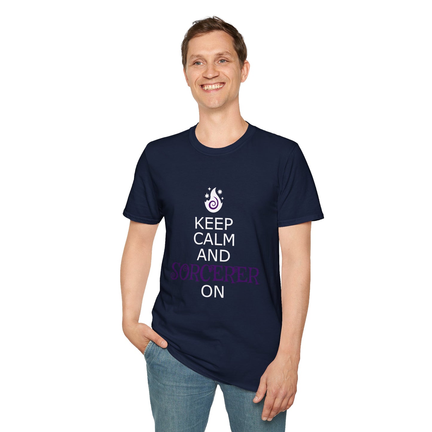 Keep Calm Sorcerer T-Shirt, Unisex Softstyle Tee, Magical Gift, Halloween Apparel, Witchy Vibes, Casual Wear