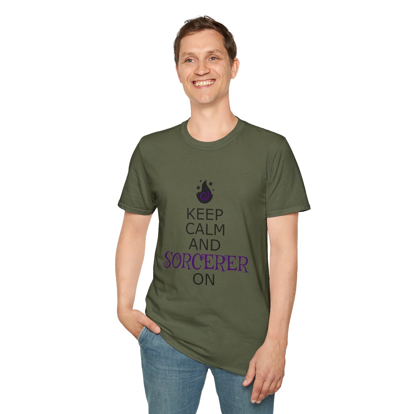 Keep Calm Sorcerer T-Shirt, Unisex Softstyle Tee, Magical Gift, Halloween Apparel, Witchy Vibes, Casual Wear