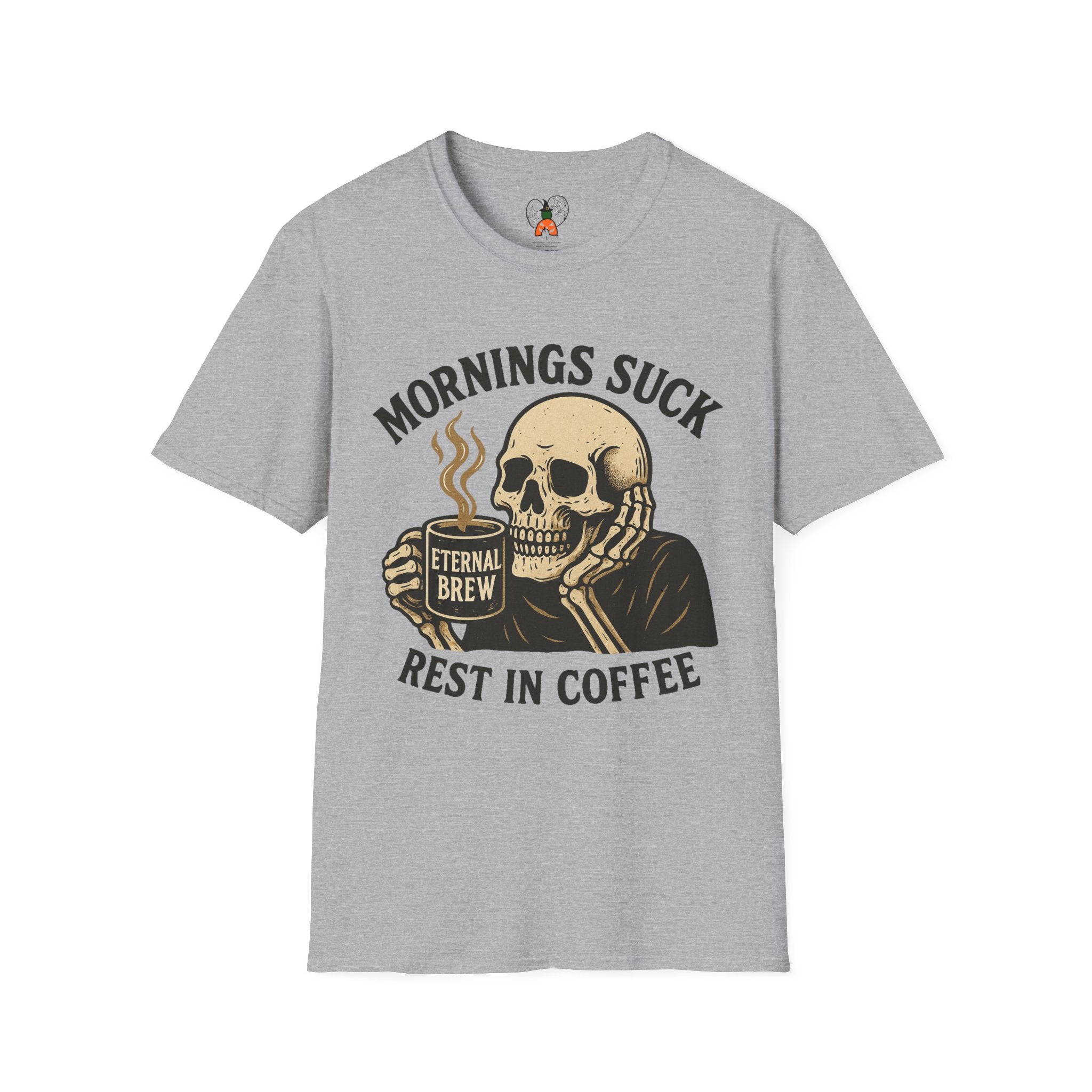 Skull Coffee T-Shirt: Mornings Suck Design, Funny Unisex Tee for Coffee Lovers, Casual Wear, Gift for Friends