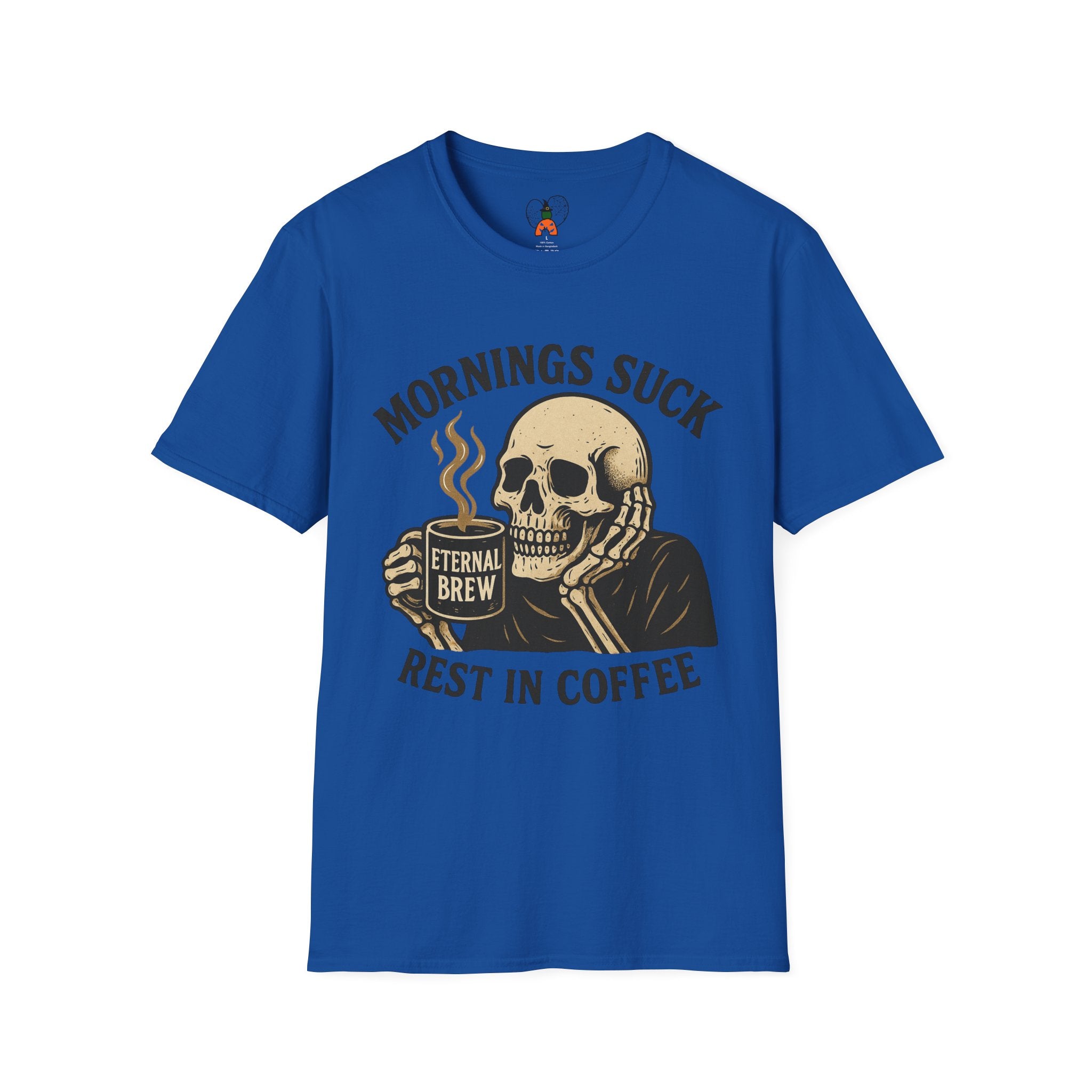 Skull Coffee T-Shirt: Mornings Suck Design, Funny Unisex Tee for Coffee Lovers, Casual Wear, Gift for Friends
