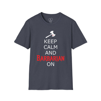 Keep Calm and Barbarian On Unisex Softstyle T-Shirt, Funny Graphic Tee, Gift for Comic Fans, Casual Wear, Great for Parties, Birthday Gift