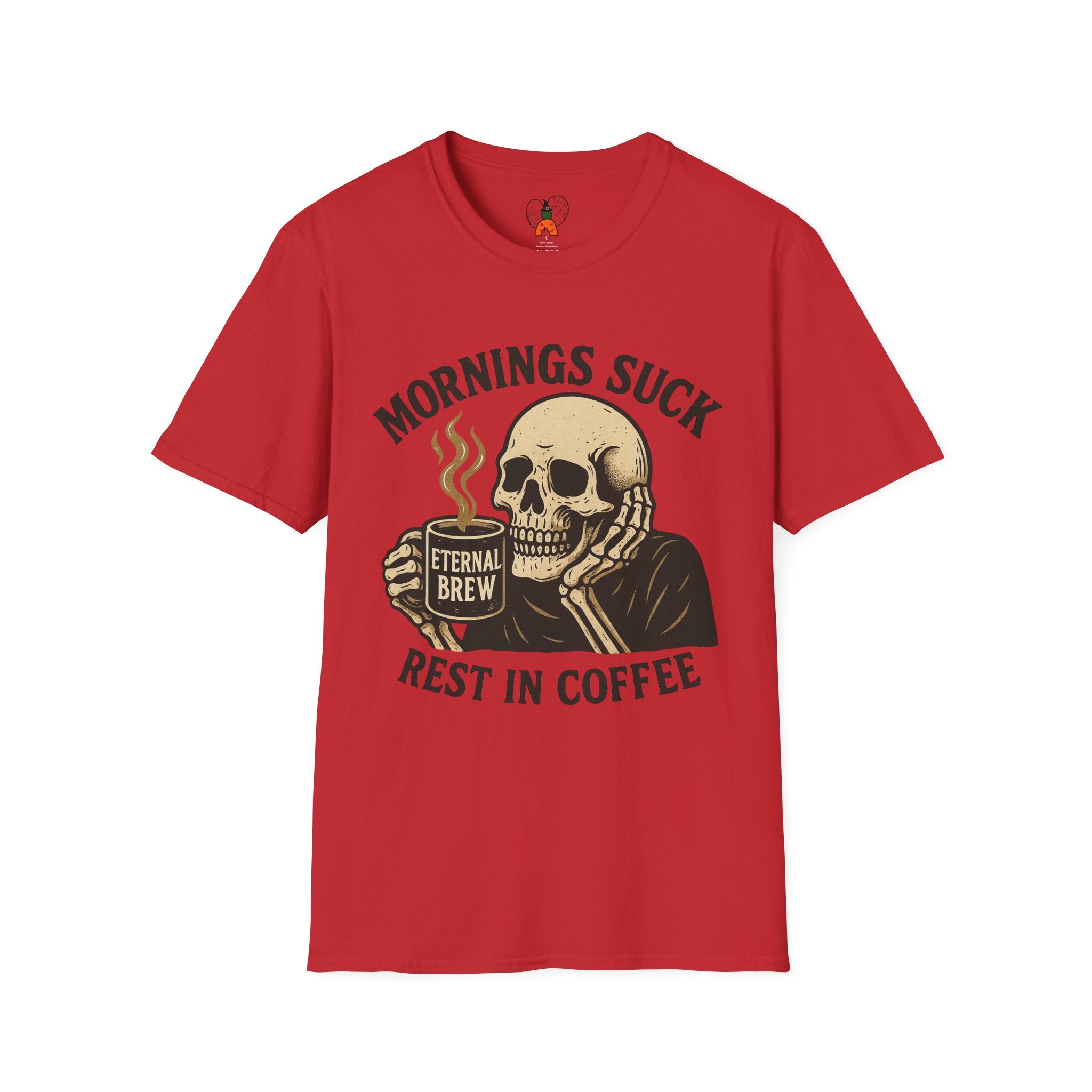 Skull Coffee T-Shirt: Mornings Suck Design, Funny Unisex Tee for Coffee Lovers, Casual Wear, Gift for Friends