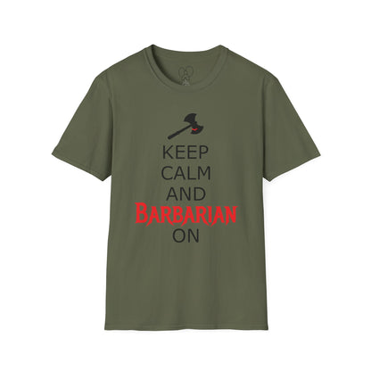 Keep Calm and Barbarian On Unisex Softstyle T-Shirt, Funny Graphic Tee, Gift for Comic Fans, Casual Wear, Great for Parties, Birthday Gift