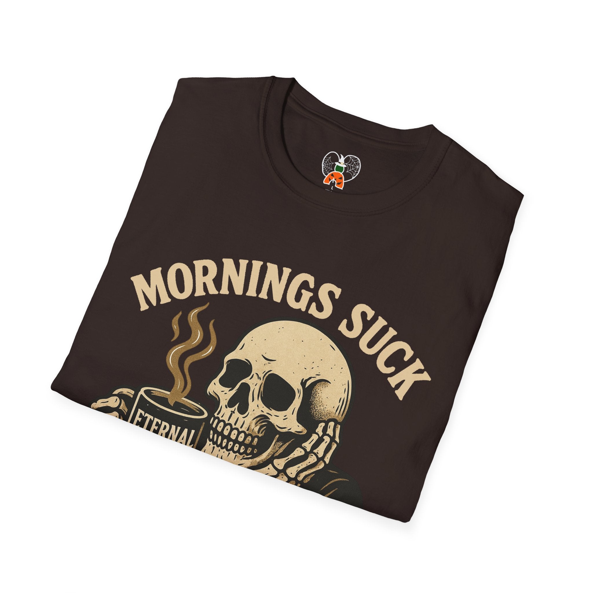 Skull Coffee T-Shirt: Mornings Suck Design, Funny Unisex Tee for Coffee Lovers, Casual Wear, Gift for Friends