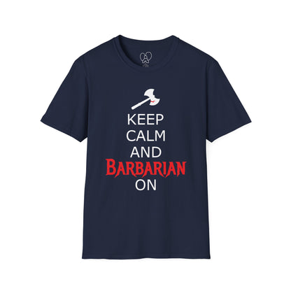 Keep Calm and Barbarian On Unisex Softstyle T-Shirt, Funny Graphic Tee, Gift for Comic Fans, Casual Wear, Great for Parties, Birthday Gift
