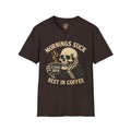 Skull Coffee T-Shirt: Mornings Suck Design, Funny Unisex Tee for Coffee Lovers, Casual Wear, Gift for Friends