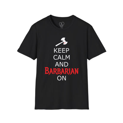Keep Calm and Barbarian On Unisex Softstyle T-Shirt, Funny Graphic Tee, Gift for Comic Fans, Casual Wear, Great for Parties, Birthday Gift