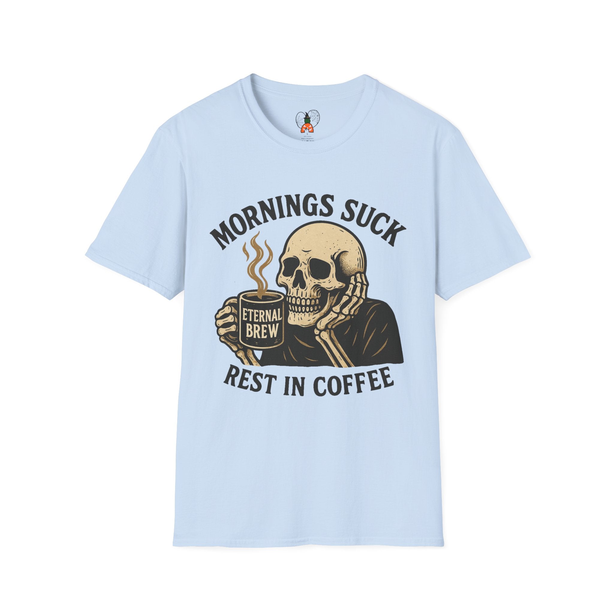Skull Coffee T-Shirt: Mornings Suck Design, Funny Unisex Tee for Coffee Lovers, Casual Wear, Gift for Friends