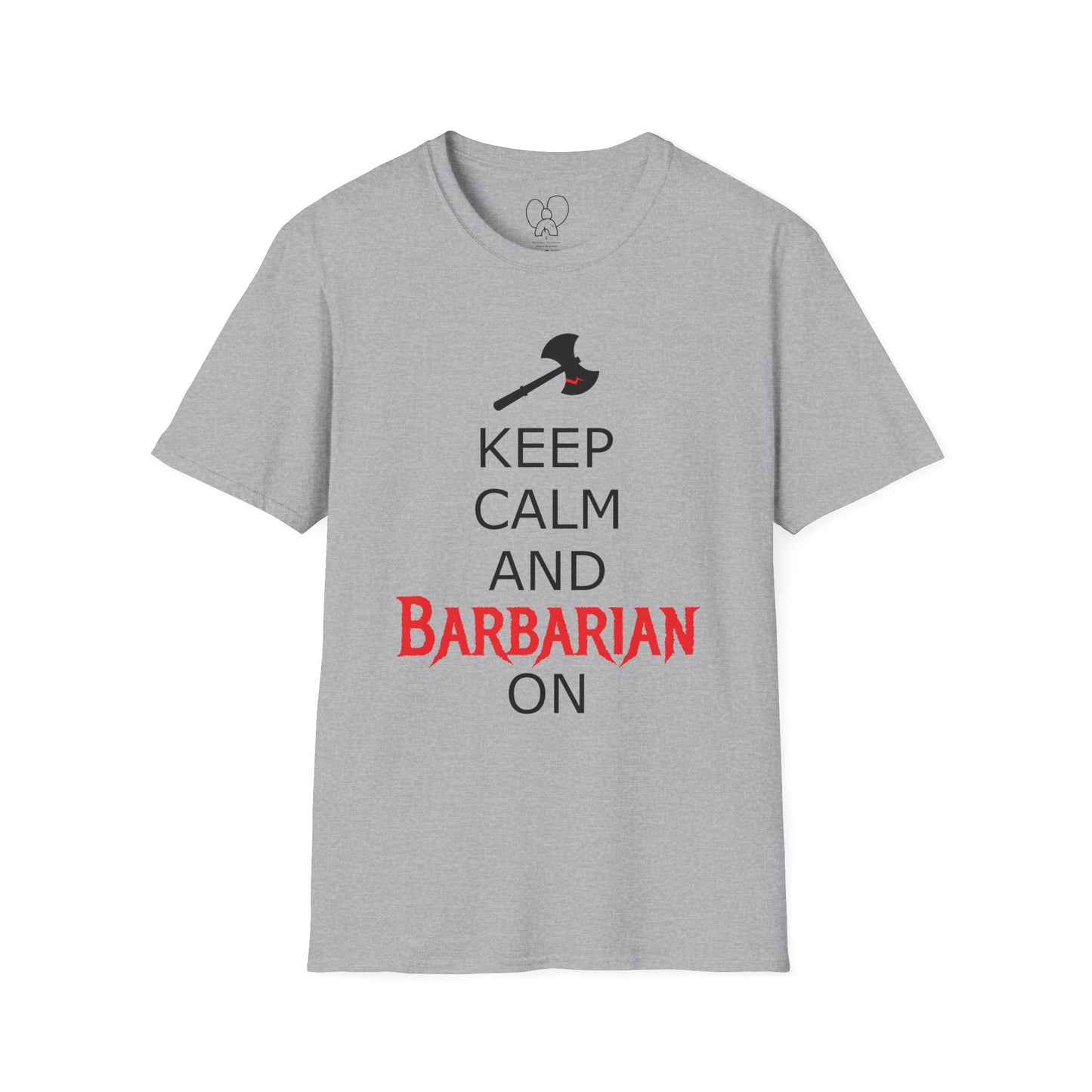 Keep Calm and Barbarian On Unisex Softstyle T-Shirt, Funny Graphic Tee, Gift for Comic Fans, Casual Wear, Great for Parties, Birthday Gift
