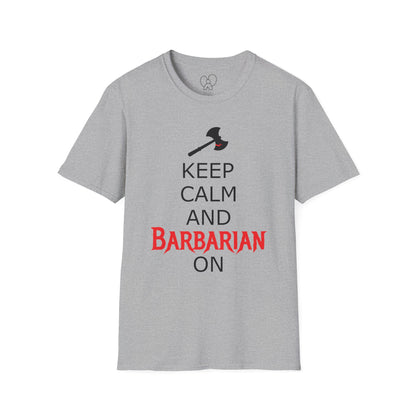 Keep Calm and Barbarian On Unisex Softstyle T-Shirt, Funny Graphic Tee, Gift for Comic Fans, Casual Wear, Great for Parties, Birthday Gift