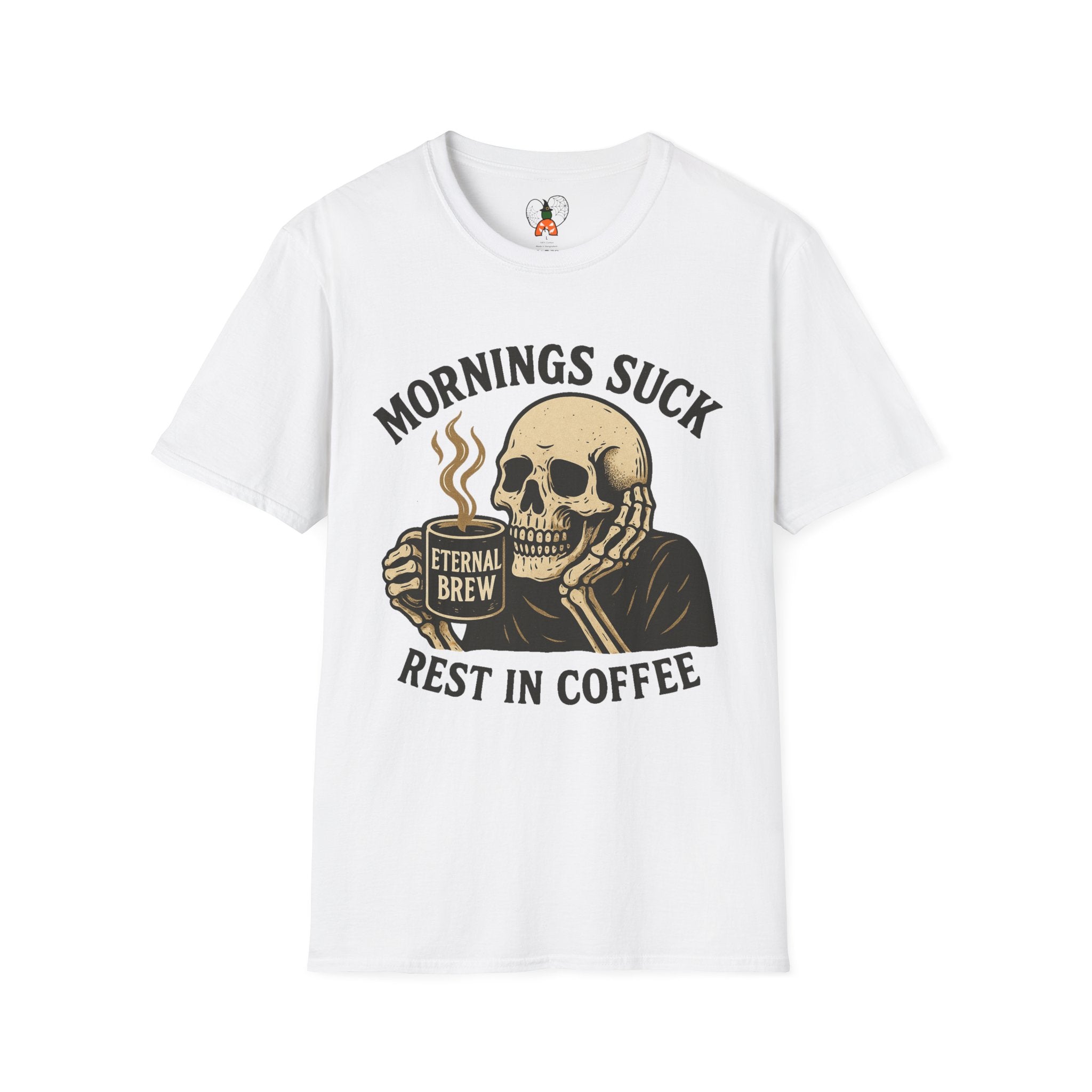 Skull Coffee T-Shirt: Mornings Suck Design, Funny Unisex Tee for Coffee Lovers, Casual Wear, Gift for Friends