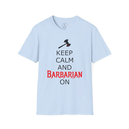 Keep Calm and Barbarian On Unisex Softstyle T-Shirt, Funny Graphic Tee, Gift for Comic Fans, Casual Wear, Great for Parties, Birthday Gift