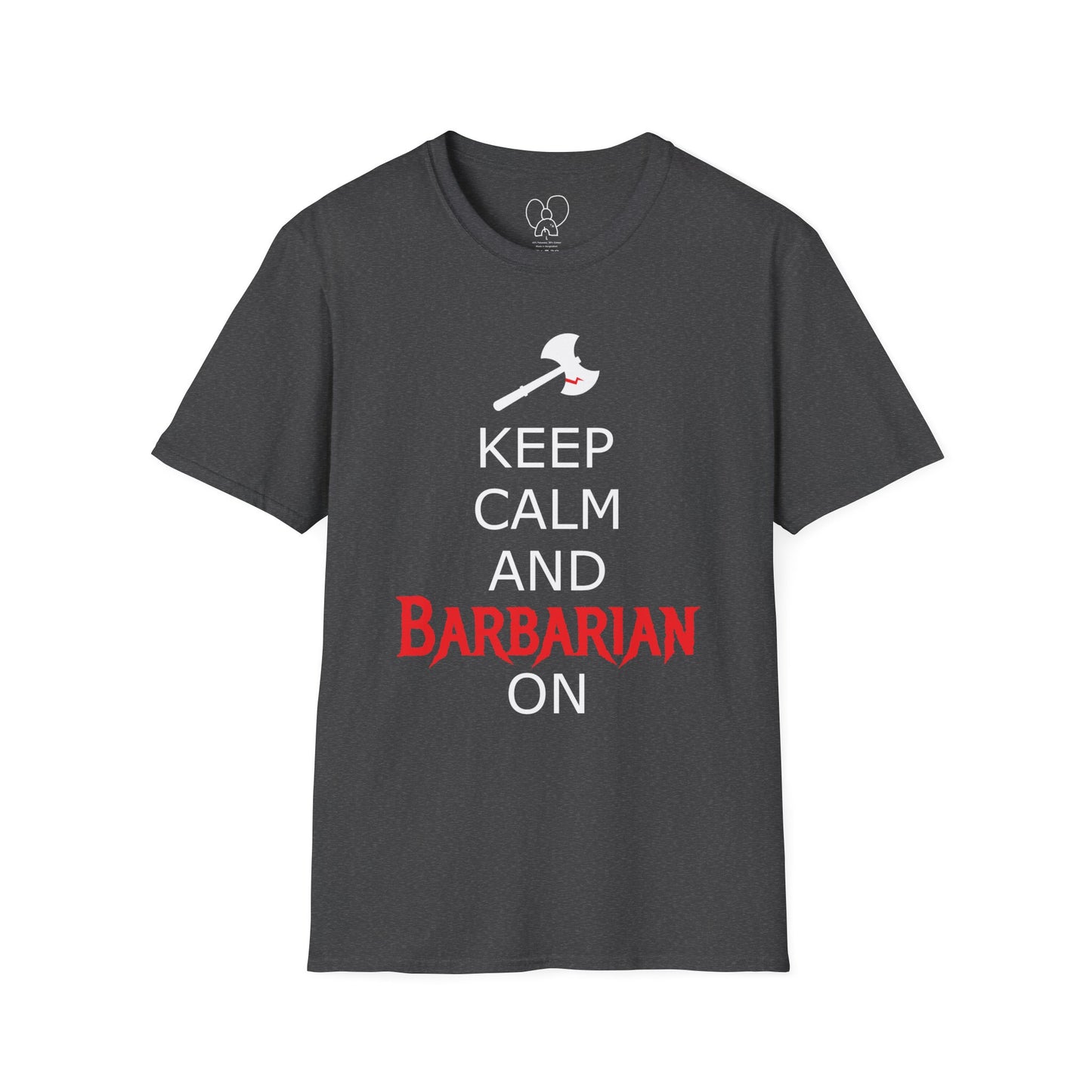 Keep Calm and Barbarian On Unisex Softstyle T-Shirt, Funny Graphic Tee, Gift for Comic Fans, Casual Wear, Great for Parties, Birthday Gift