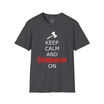 Keep Calm and Barbarian On Unisex Softstyle T-Shirt, Funny Graphic Tee, Gift for Comic Fans, Casual Wear, Great for Parties, Birthday Gift