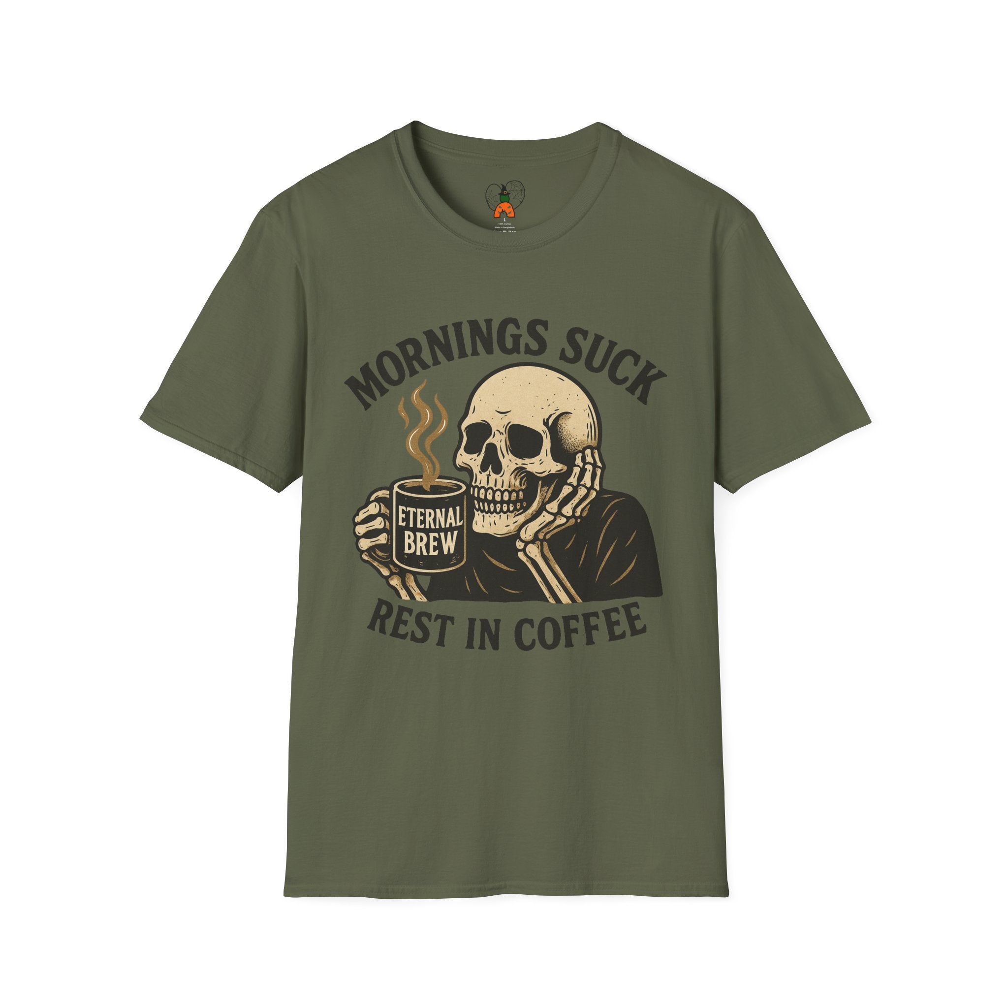 Skull Coffee T-Shirt: Mornings Suck Design, Funny Unisex Tee for Coffee Lovers, Casual Wear, Gift for Friends