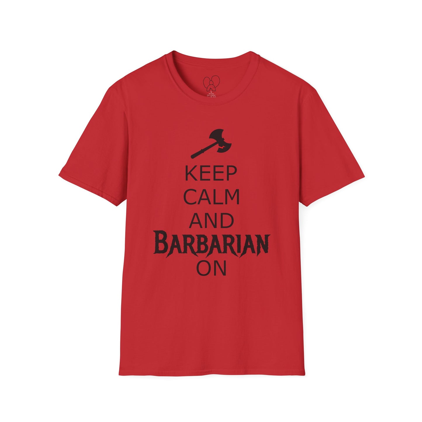 Keep Calm and Barbarian On Unisex Softstyle T-Shirt, Funny Graphic Tee, Gift for Comic Fans, Casual Wear, Great for Parties, Birthday Gift
