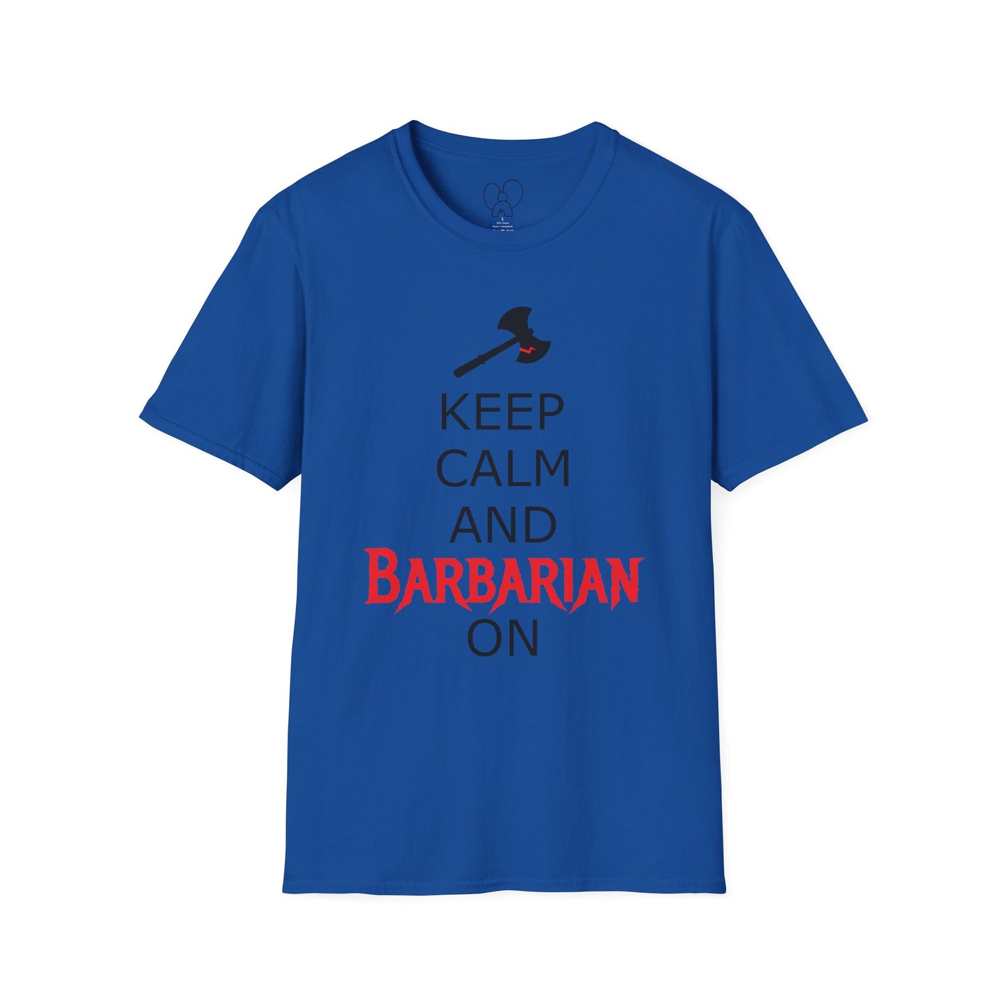 Keep Calm and Barbarian On Unisex Softstyle T-Shirt, Funny Graphic Tee, Gift for Comic Fans, Casual Wear, Great for Parties, Birthday Gift