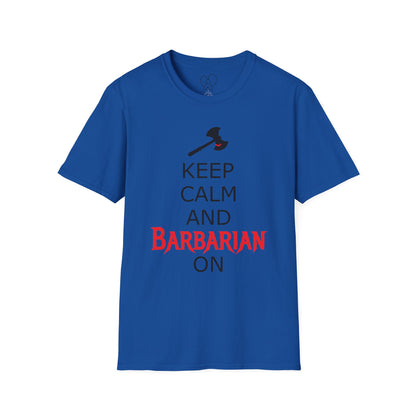 Keep Calm and Barbarian On Unisex Softstyle T-Shirt, Funny Graphic Tee, Gift for Comic Fans, Casual Wear, Great for Parties, Birthday Gift