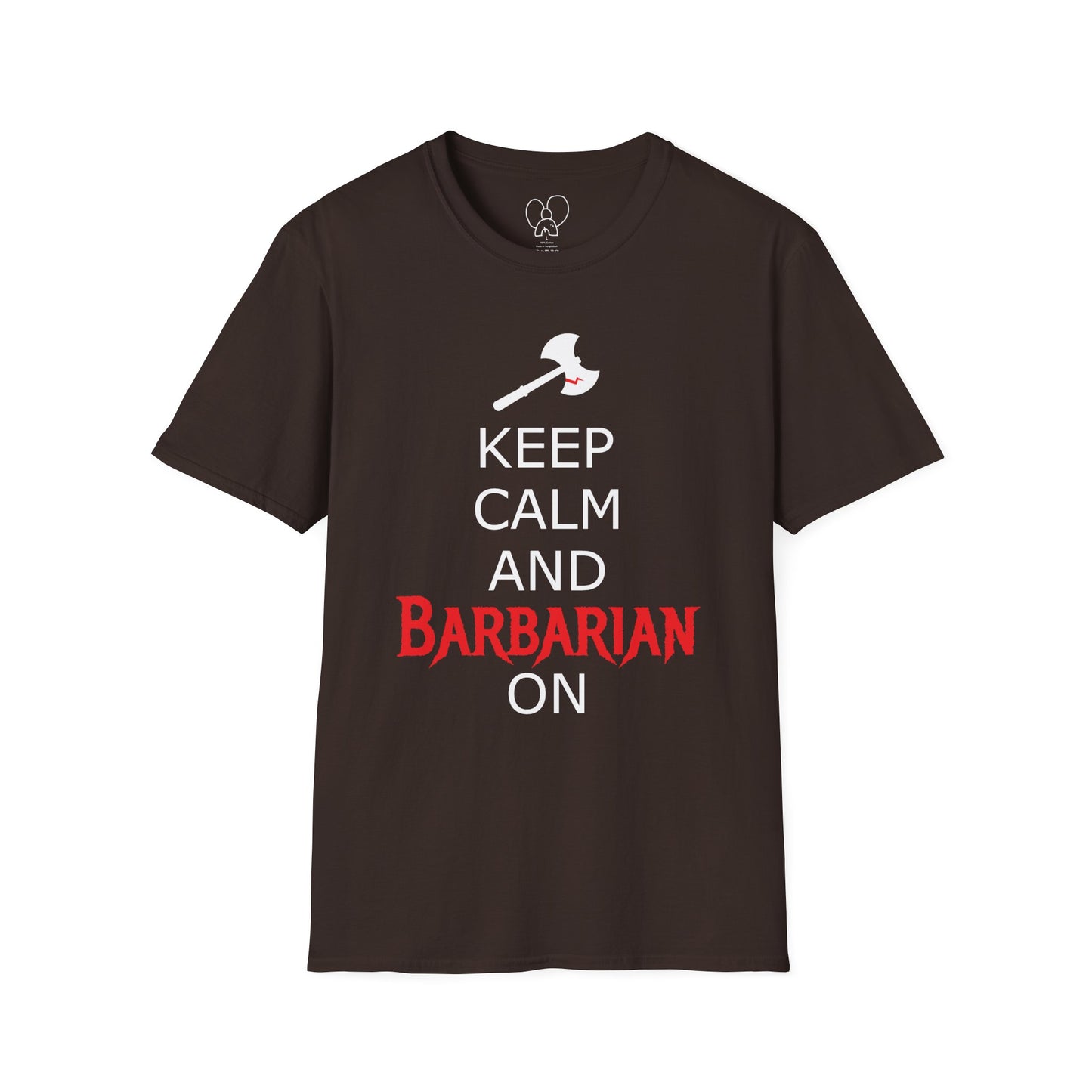 Keep Calm and Barbarian On Unisex Softstyle T-Shirt, Funny Graphic Tee, Gift for Comic Fans, Casual Wear, Great for Parties, Birthday Gift