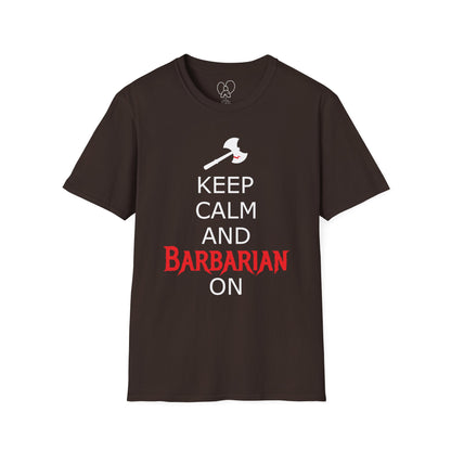 Keep Calm and Barbarian On Unisex Softstyle T-Shirt, Funny Graphic Tee, Gift for Comic Fans, Casual Wear, Great for Parties, Birthday Gift