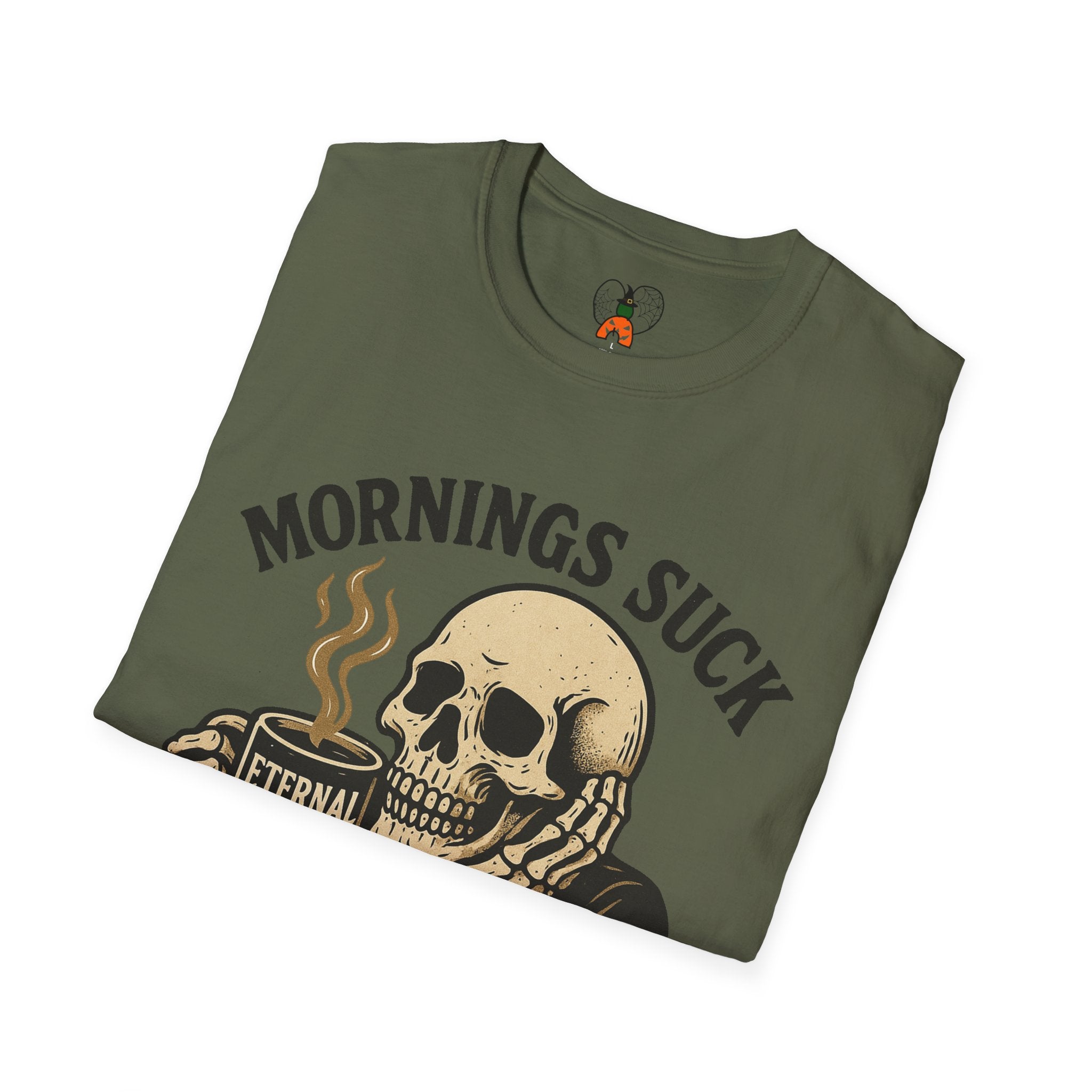 Skull Coffee T-Shirt: Mornings Suck Design, Funny Unisex Tee for Coffee Lovers, Casual Wear, Gift for Friends